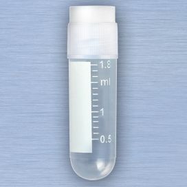 CryoClear Vials, 2.0mL, STERILE, External Threads, Attached Screwcap with Co-Molded Thermoplastic Elastomer (TPE) Sealing Layer, Round Bottom, Printed Graduations, Writing Space and Barcode