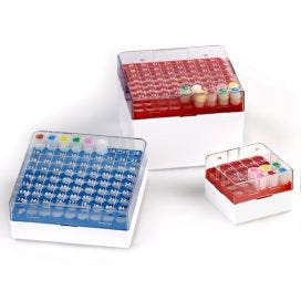 BioBox 81, for 3.0mL, 4.0mL and 5.0mL CryoClear Vials, Polycarbonate (PC), Holds 81 vials (9x9 format), Printed Lid, Pack Includes a CryoClear Vial Picker, RED