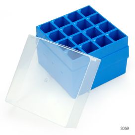 Storage Box with Lid for 50mL Centrifuge Tubes, 16-Place (9x9), PP, Blue Base & Clear Lid