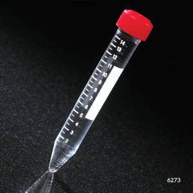 Centrifuge Tube, 15mL, Attached Red Screw Cap, Acrylic, Printed Graduations, STERILE, Racked.  50/Rack, 10 Racks/Case