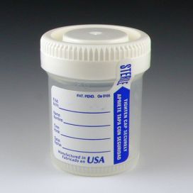 Container: Tite-Rite, 60mL (2 oz), PP, STERILE, Attached White Screw Cap, ID Label with Tab Seal, Graduated, Thermometer Strip