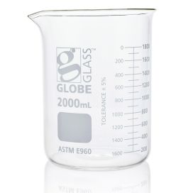 2000mL Beaker, Globe Glass, Low Form Griffin Style, 4/Box, 8/Case