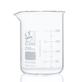 250mL Beaker, Globe Glass, Low Form Griffin Style,Heavy Duty, Dual Graduations, 12/Pack