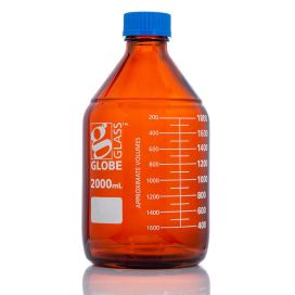 2000mL Amber Media Bottle, Globe Glass, GL45 Screw Cap, Dual Graduations, 10/Pack