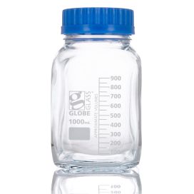 1000mL Square Media Bottle, Wide Mouth, Globe Glass, GL80 Screw Cap, Dual Graduations, 10/Pack