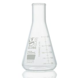 250mL Erlenmeyer Flask, Globe Glass, Heavy Duty, Narrow Mouth, Dual Graduations