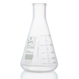 500mL Erlenmeyer Flask, Globe Glass, Heavy Duty, Narrow Mouth, Dual Graduations