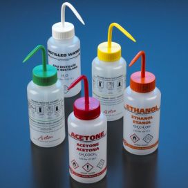 Set of 5 GHS Wash Bottles, 500mL - Contains 1 Each of Acetone, Methanol, Isopropanol, Ethanol and Distilled Water